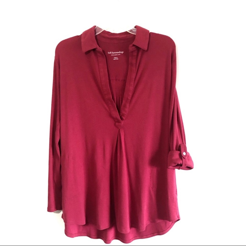 Soft Surrounding Split Neck Roll Tab Tunic Top - image 1